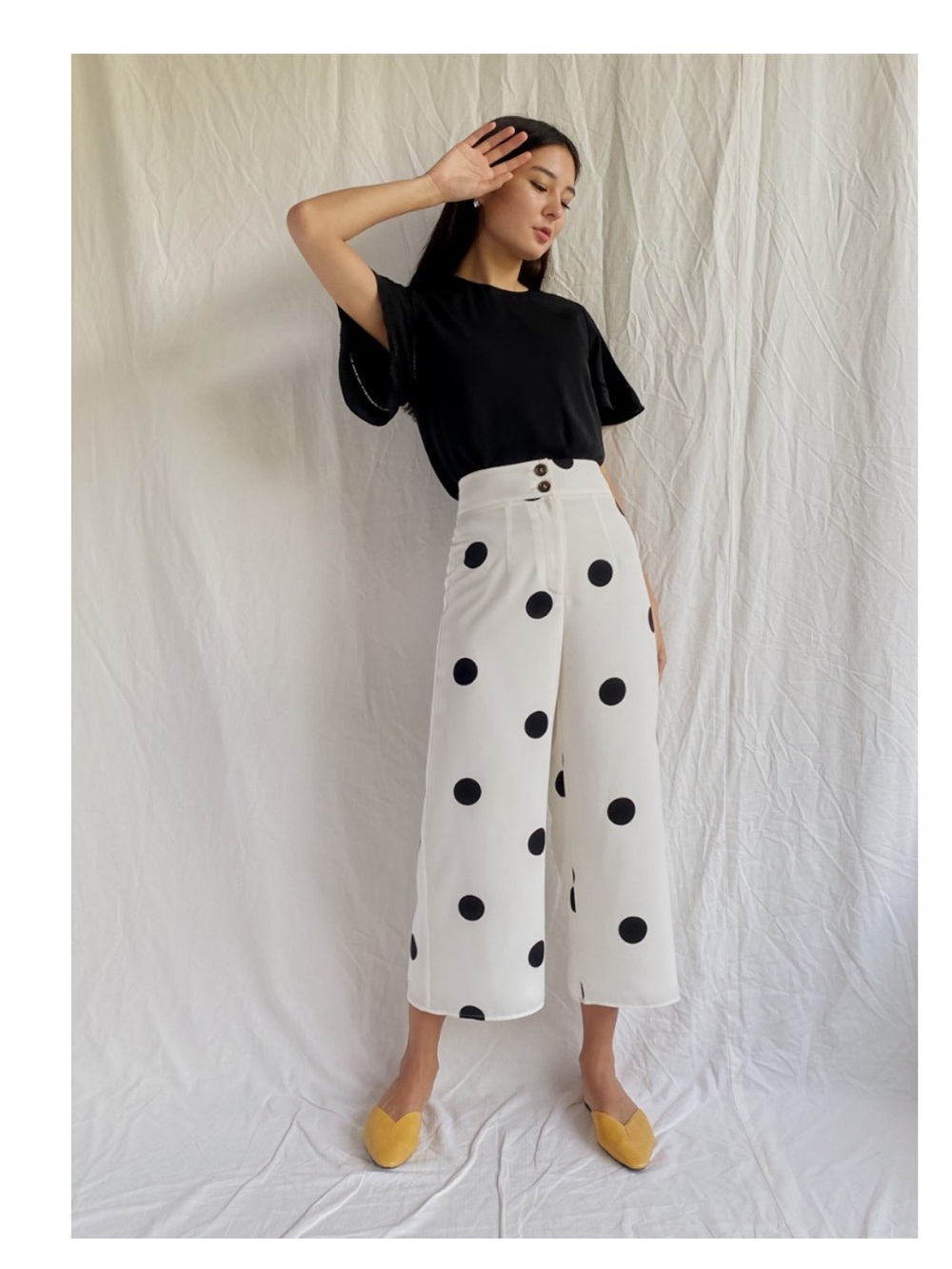 Wide Leg Silky Polka Dot Cropped Pants - White/Black XS